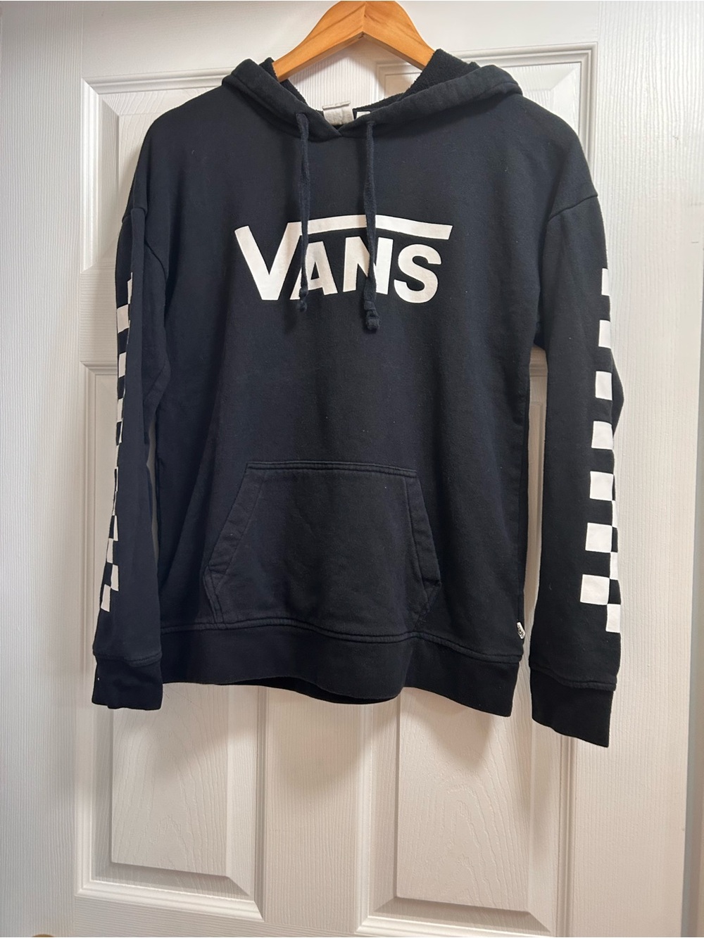 Vans Black Hoodie with White Logo & Checker Sleeve